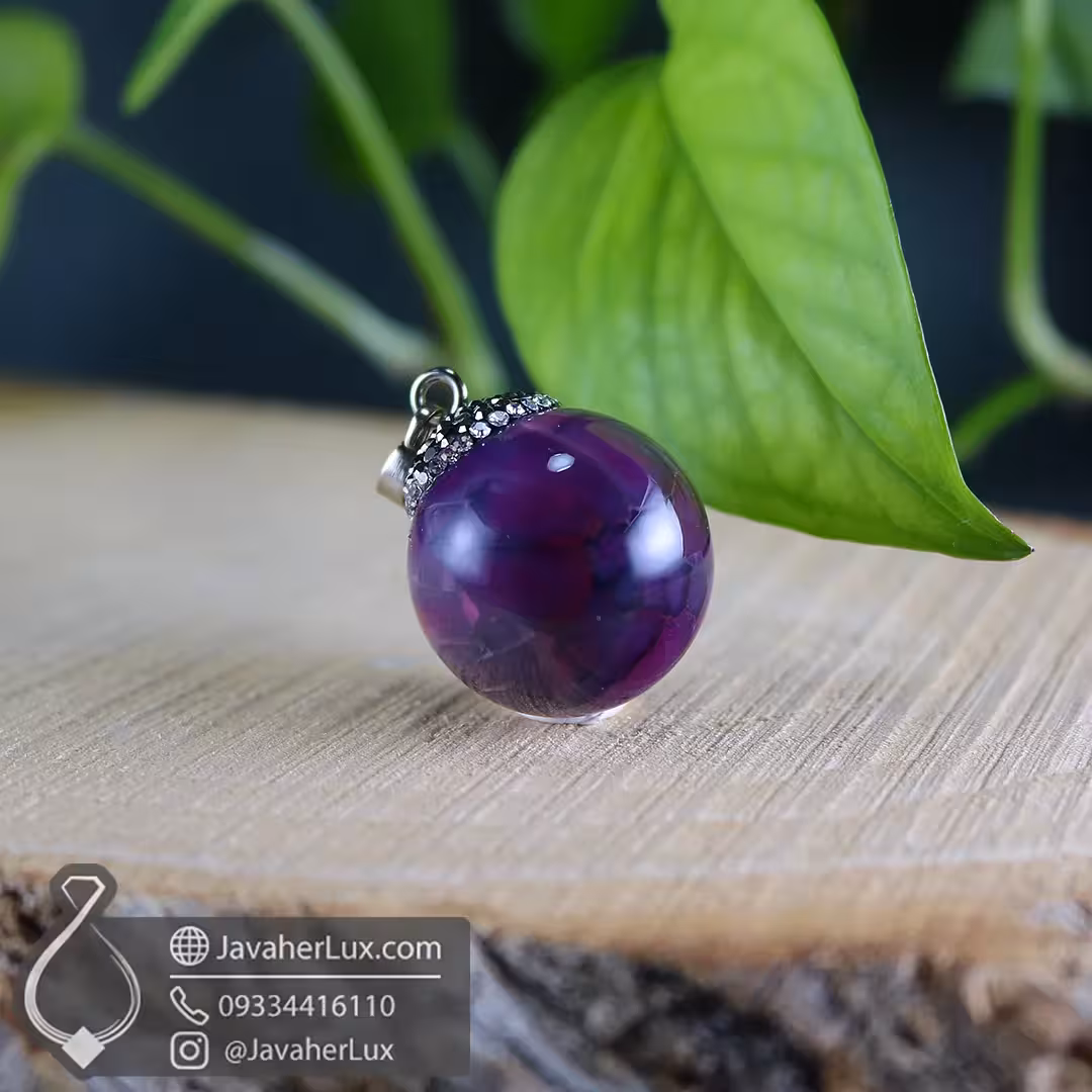 گردنبند مدالی سنگ عقیق دراگون بنفش تراش کروی _ کد 4010178