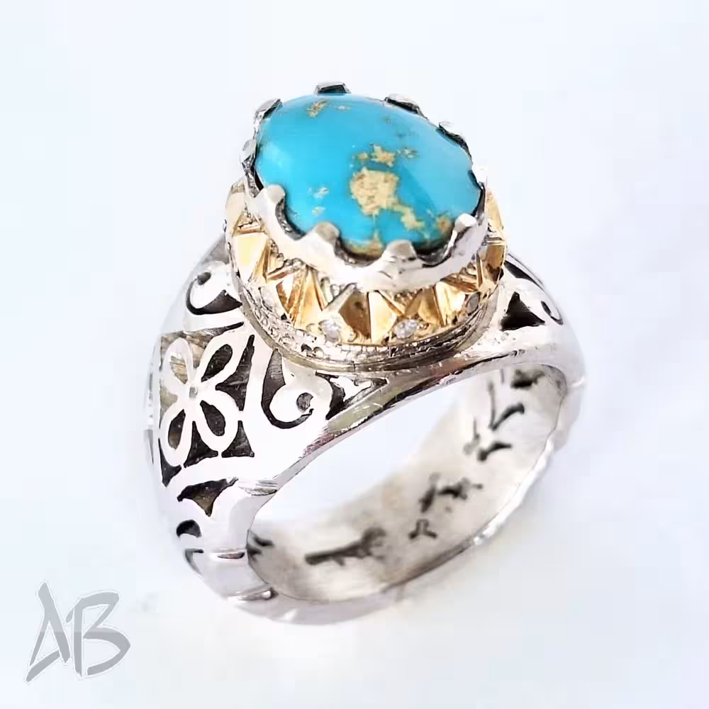 انگشتر مردانه دست‌ساز با نگین فیروزه نیشابور کد 110