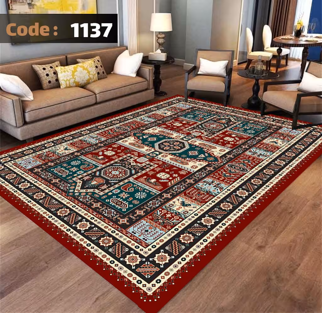 کاورفرش روفرشی دورکشدار گوشه لیفه ای لاکی ، آبی و متنوع کد 1137