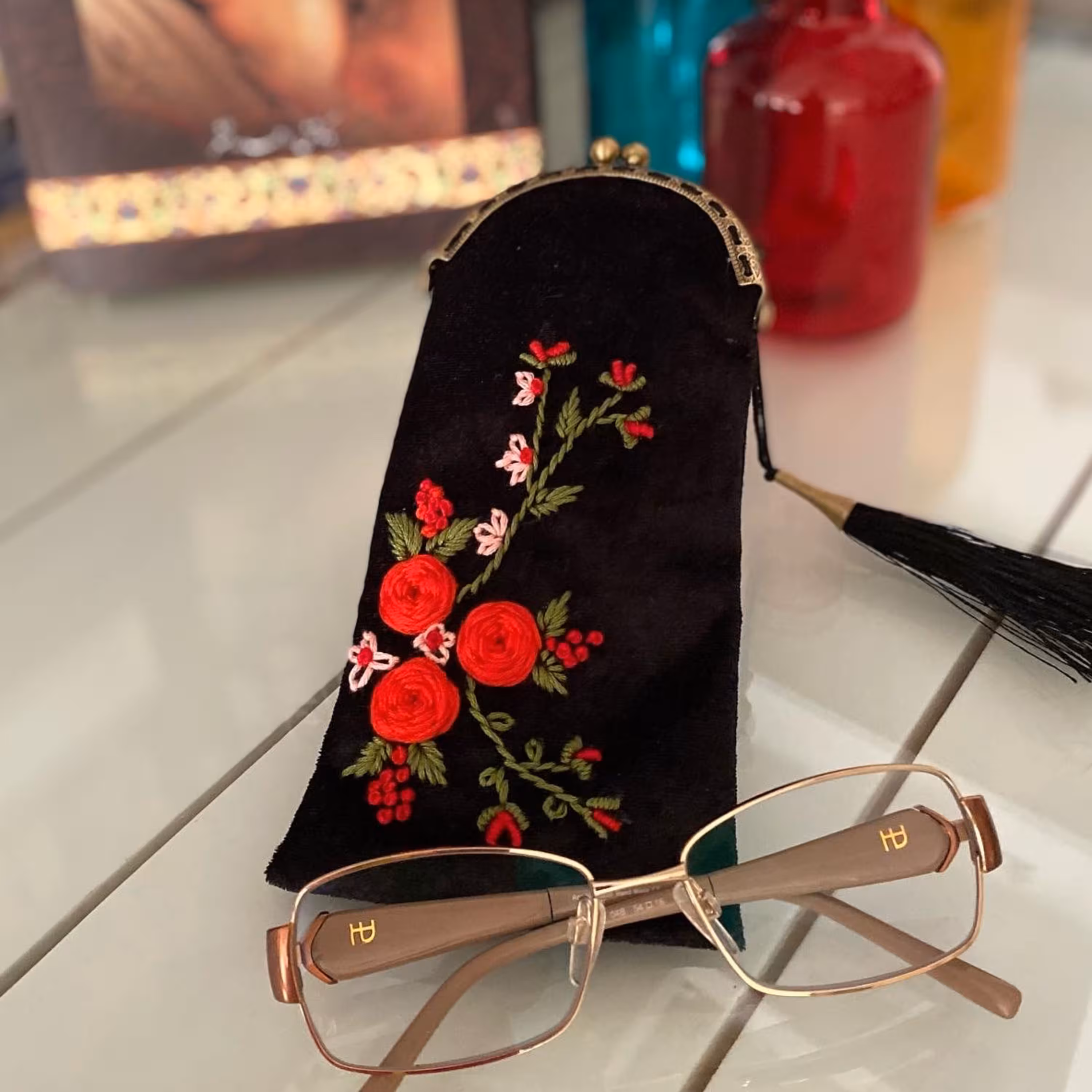 کیف عینک مخمل روبان دوزی و گلدوزی