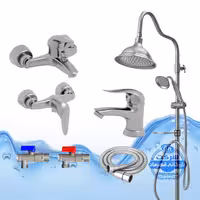 ست 7 عددی شیرآلات برند آیدا صنعت مدل قهرمان | شیر روشویی   حمام   توالت   علم دوش شیپوری   شلنگ توالت   2 عدد شیر پیسوار | کروم مات