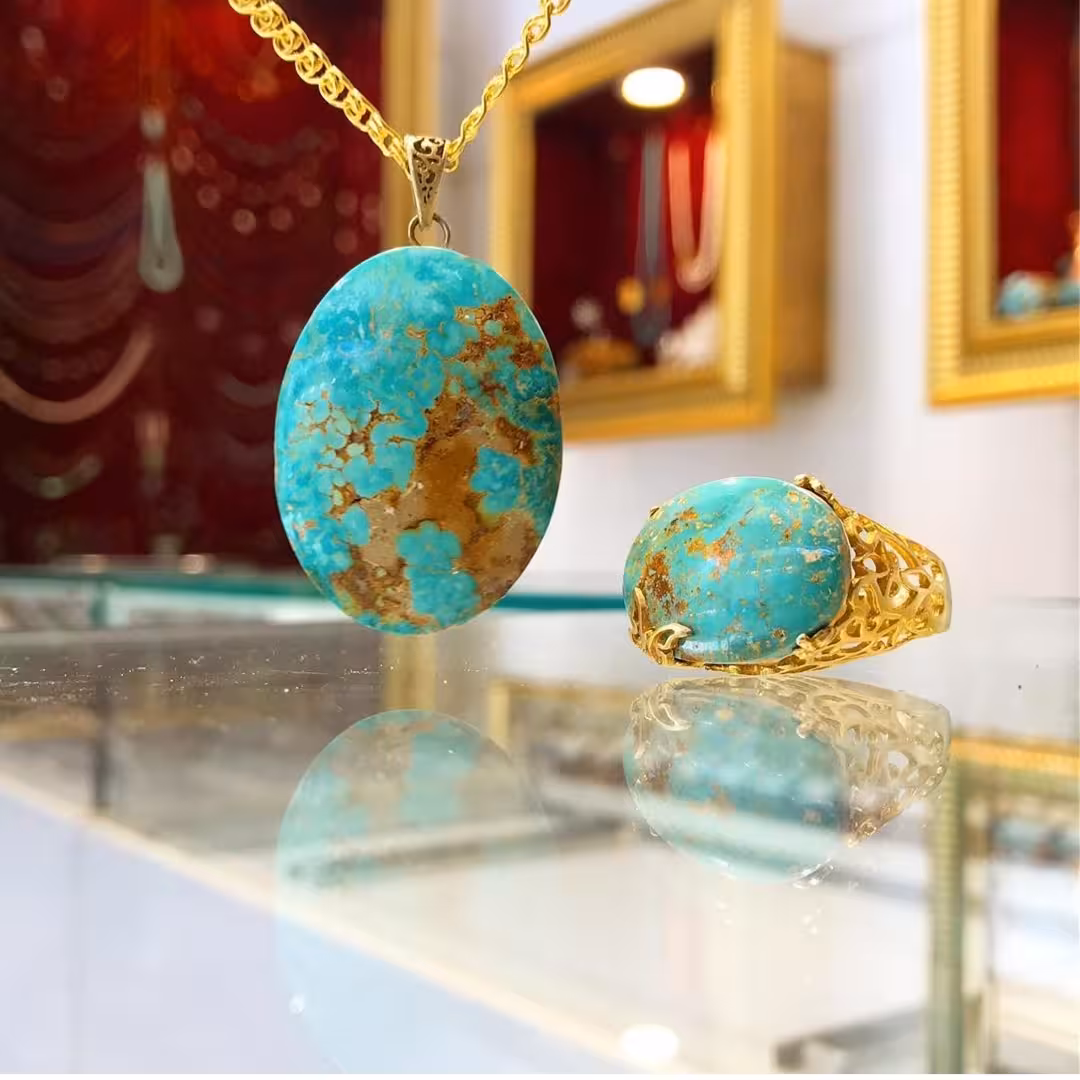 گردنبند وانگشتر فیروزه نیشابور سبز-آبی کد 101765