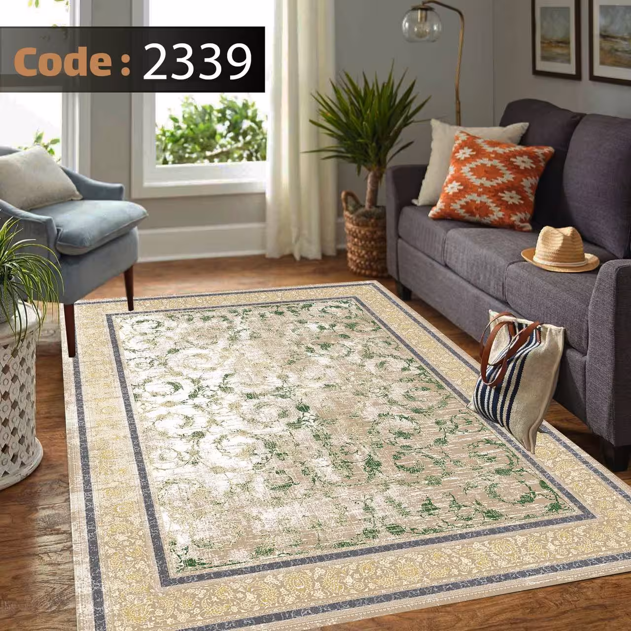 کاورفرش روفرشی دورکشدار گوشه لیفه ای کرم  قهوه ای کد 2339