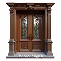 درب ورودی دو لنگه چوبی کلاسیک با تزئینات منبت و شیشه‌کاری فرفورژه کد 30376