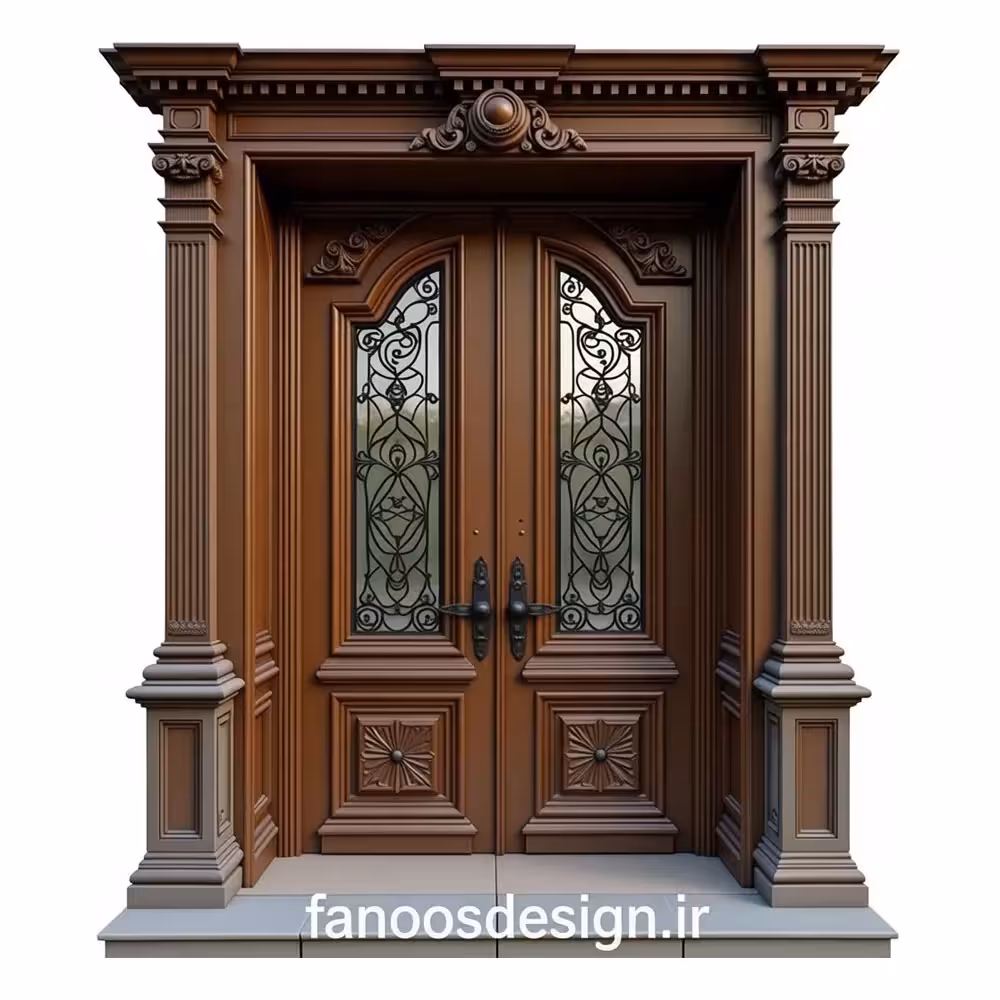 درب ورودی دو لنگه چوبی کلاسیک با تزئینات منبت و شیشه‌کاری فرفورژه کد 30376