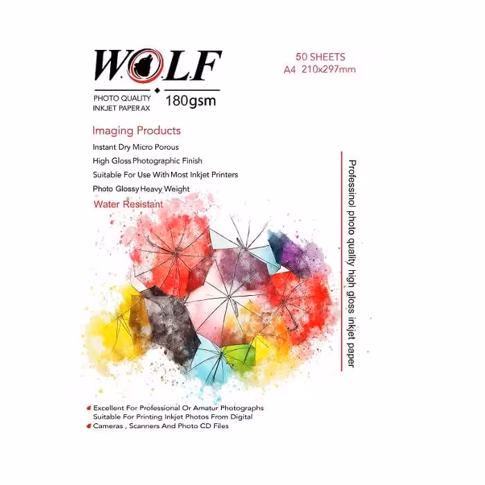کاغذ فتو گلاسه 180 گرم ولف سایز A4