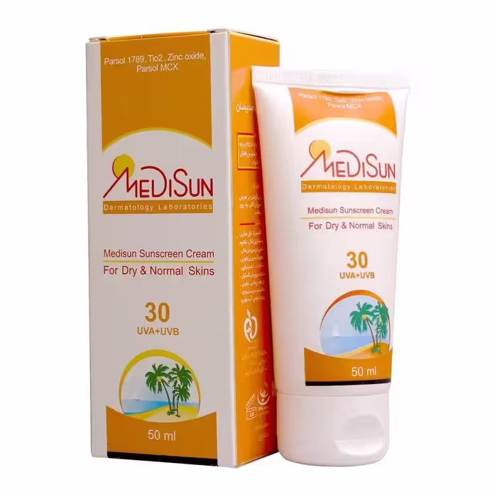 ضدآفتاب بی‌رنگ SPF30 مخصوص پوست‌های خشک و معمولی مدیسان 50 میلی‌لیتر Medisun