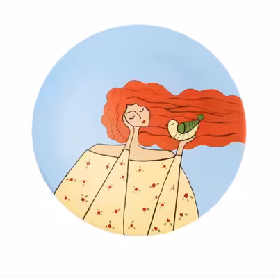 بشقاب دیوارکوب سفالی طرح دختر و پرنده مجموعه سه عددی