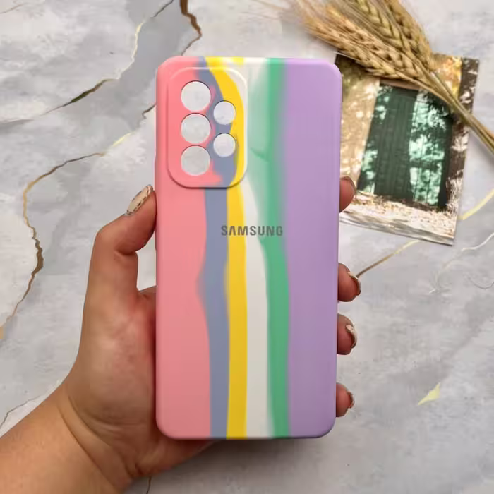 قاب گوشی Galaxy A33 5G سامسونگ سیلیکونی پاک کنی اورجینال آبرنگی رنگین کمانی داخل مخمل محافظ لنز دار