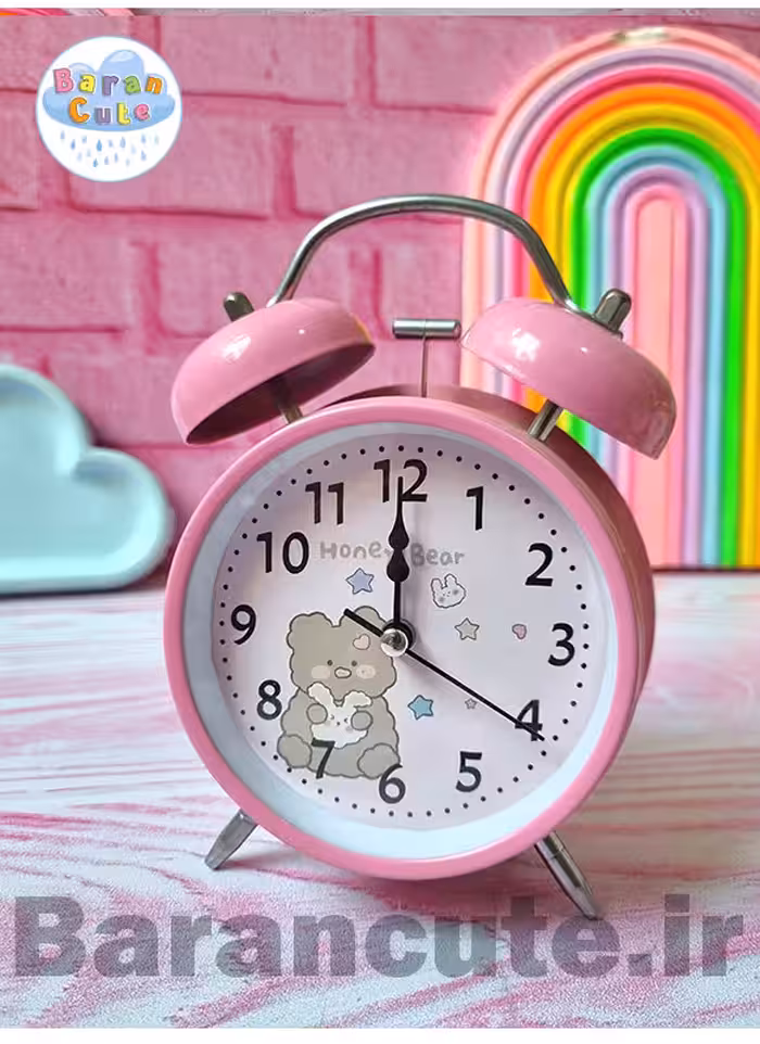 ساعت رومیزی سایز بزرگ فانتزی زنگ دار بدنه فلزی طرح تدی صورتی