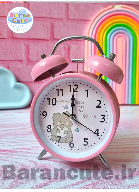 ساعت رومیزی سایز بزرگ فانتزی زنگ دار بدنه فلزی طرح تدی صورتی