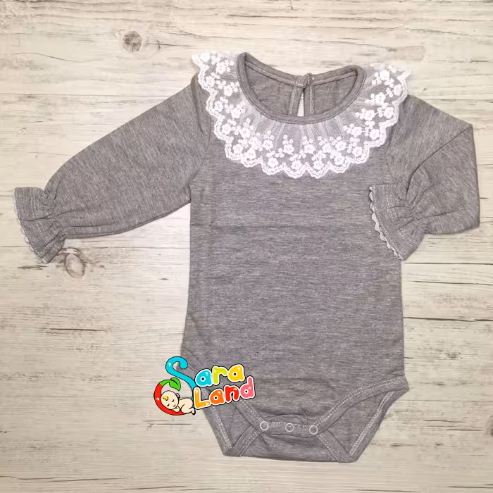 بادی کودک دخترانه آستین بلند یقه توری طوسی