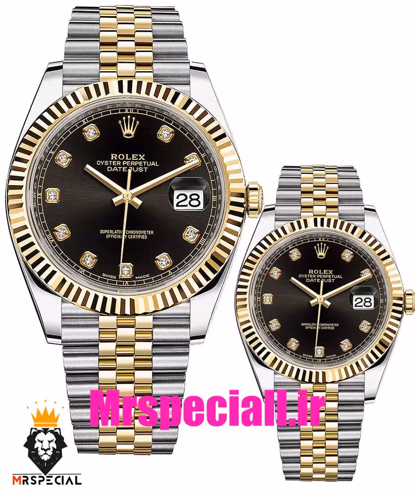 ساعت ست رولکس مردانه و زنانه دیت جاست اتوماتیک دورنگ طلایی صفحه مشکی 0835 ROLEX DATEJUST