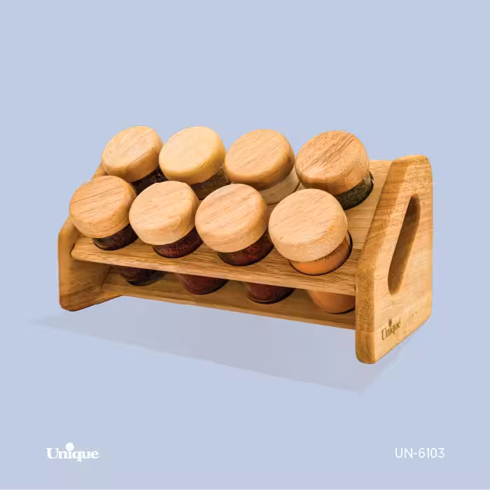 جا ادویه 8 تایی پایه کج چوبی یونیک کد 6103