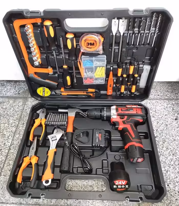 کیت دریل شارژی پیچ گوشتی شارژی چکشی طرح میلواکی 24 ولت 100 عددی مدل 100J