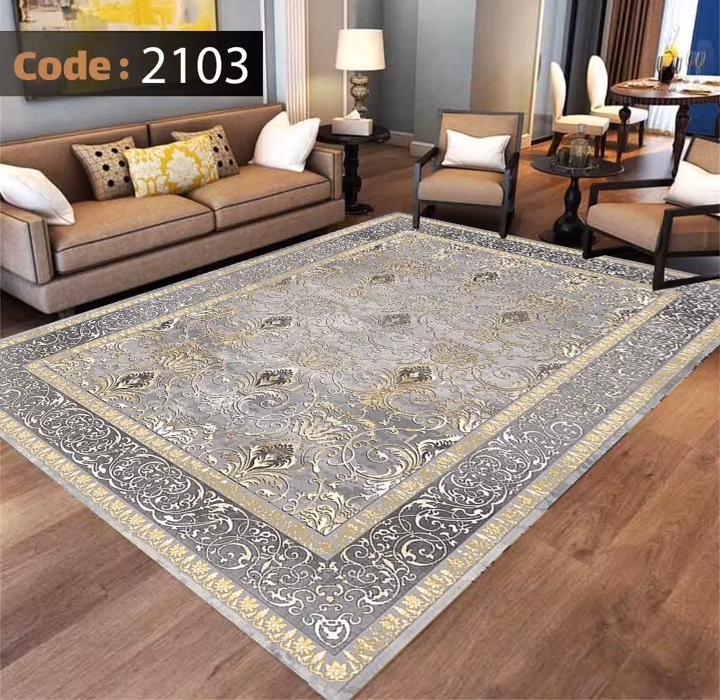 کاورفرش روفرشی دورکشدار گوشه لیفه ای طوسی کرم کد 2103