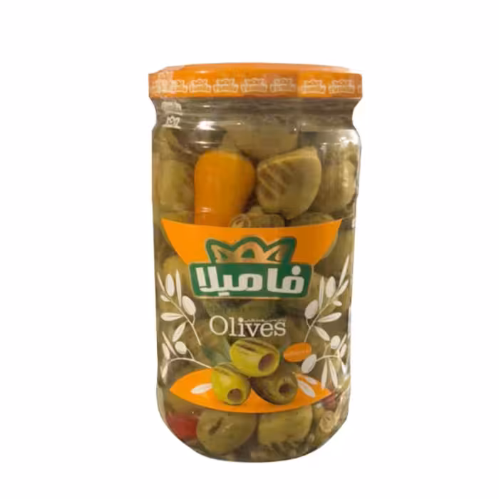 زیتون سبز فرآوری شده بدون هسته کبابی فامیلا 650 گرمی