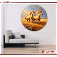 تابلو دایره‌ای اسب‌های طلایی در گندمزار C120734