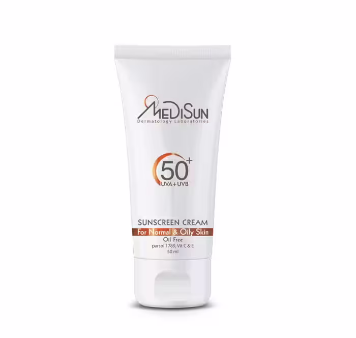 کرم ضد آفتاب بدون رنگ مدیسان SPF50 مناسب پوست چرب و معمولی