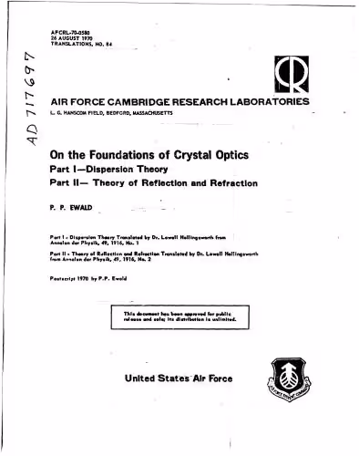 خرید و دانلود نسخه کامل کتاب On the Foundations of Crystal Optics. Part I-Dispersion Theory. Part II-Theory of Reflection and Refraction