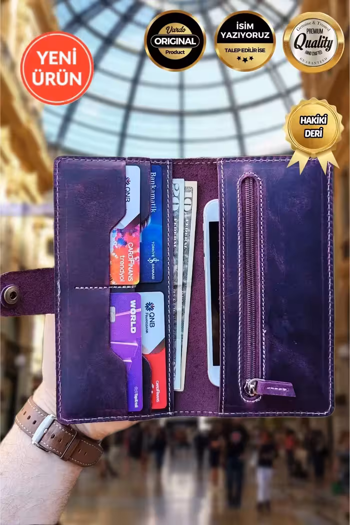 کیف پول کارتی آسترید از چرم آمریکایی با بخش‌های مخصوص تلفن، کاغذ و سکه - 10422