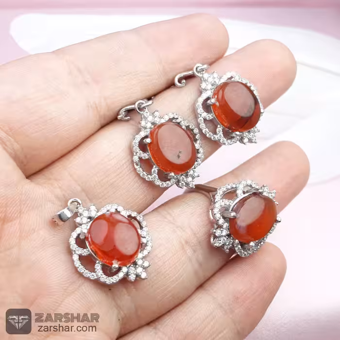 نیم‌ ست عقیق یمنی سرخ با نقره 925