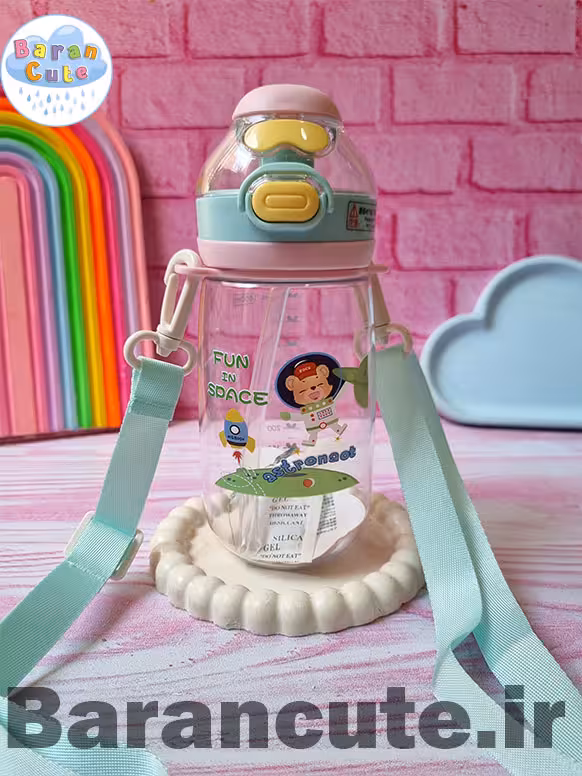 قمقمه فانتزی وارداتی دو حالته نی دار و لب نوش طرح فضایی آبی پاستیلی