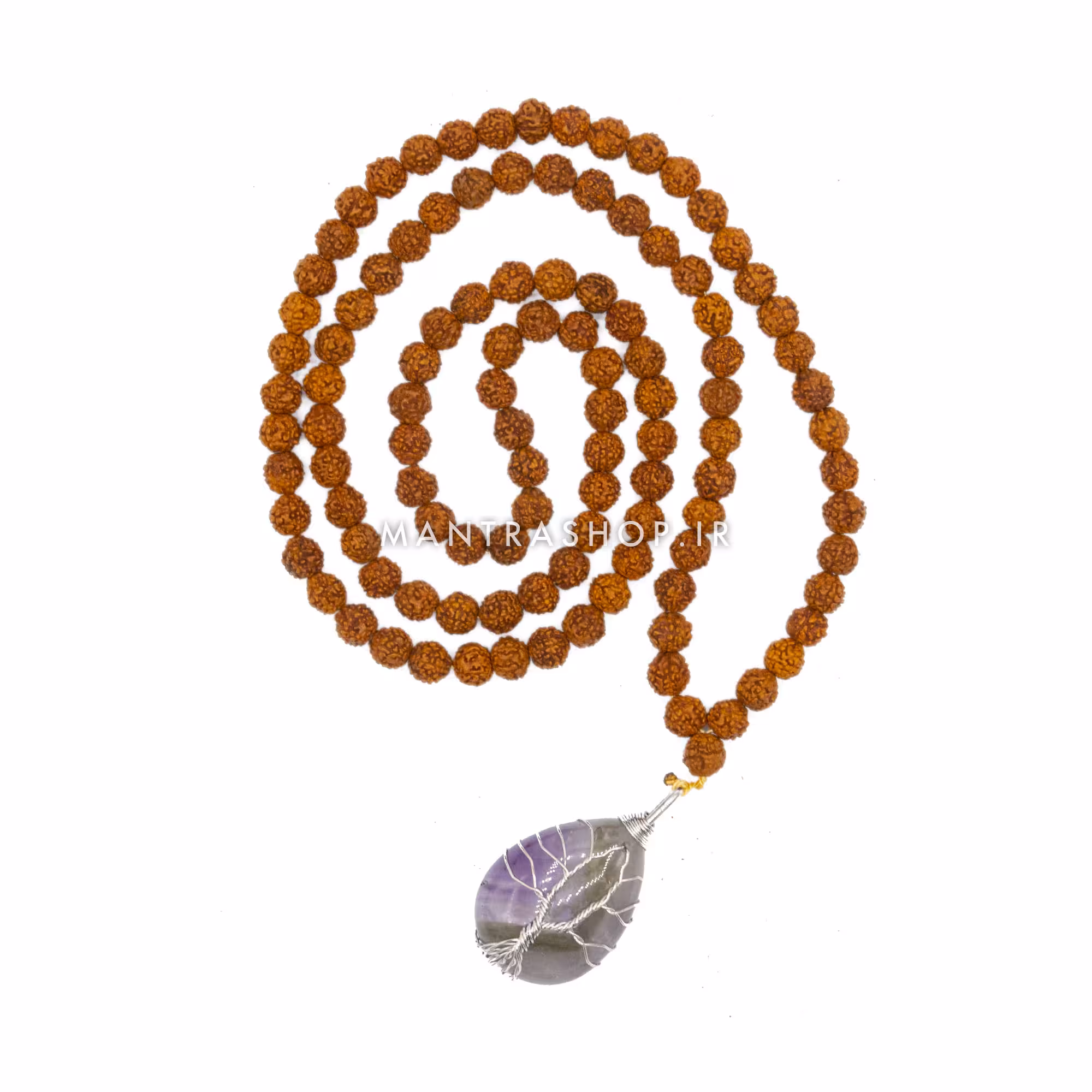 گردنبند رودراکشا مالا با آویز سنگ آمیتیست و درخت زندگی