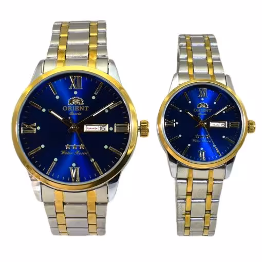 ست زنانه مردانه اورینت ORIENT ABOB-C0-60117 دوتقویم روزشمار و (ایام هفته دو زبانه لاتین و فارسی ) دورنگ باصفحه سرمه ای