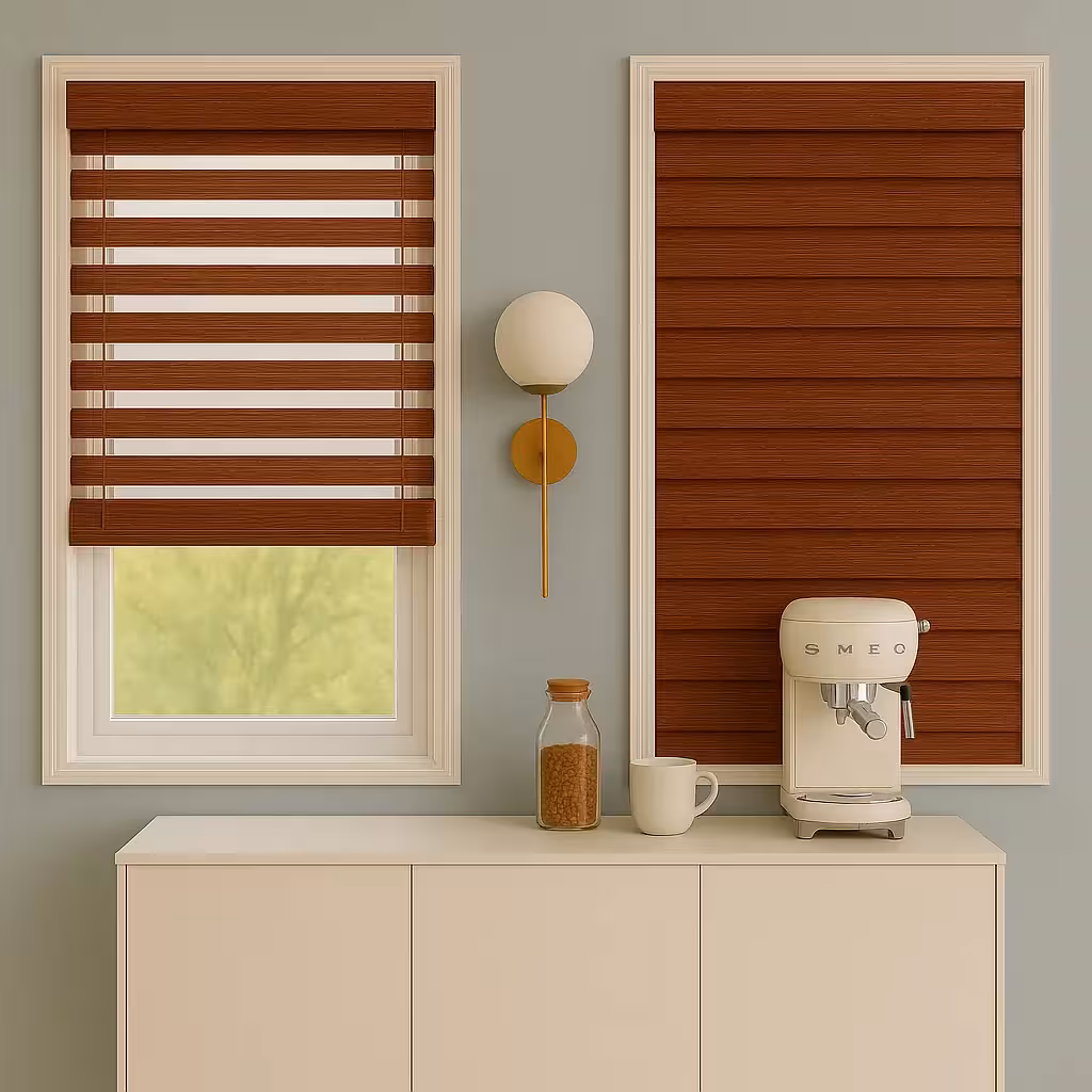 پرده کرکره ای چوبی قهوه‌ای روشن طرح چوب 50 میلیمتری - کد HLVI90