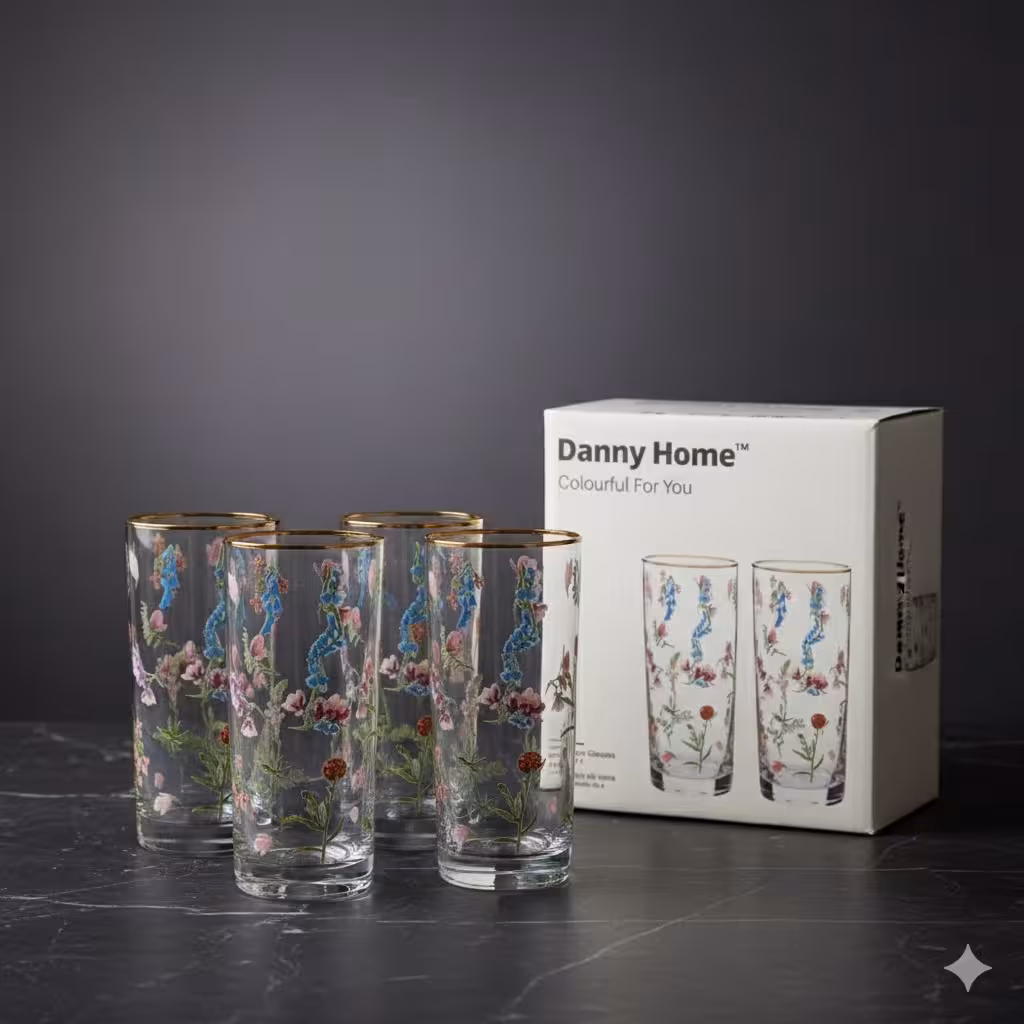 لیوان دنی هوم گلدار بلند 4 عددی | لبه طلایی