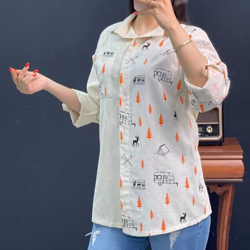 شومیز لینن یک طرف چاپ فری مناسب سایز 36 تا 40 دارای رنگبندی