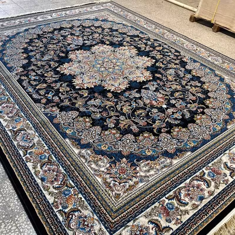 فرش ماشینی500شانه طرح700شانه ورژن طرح میخک سرمه ای9متری(باارسال رایگان)