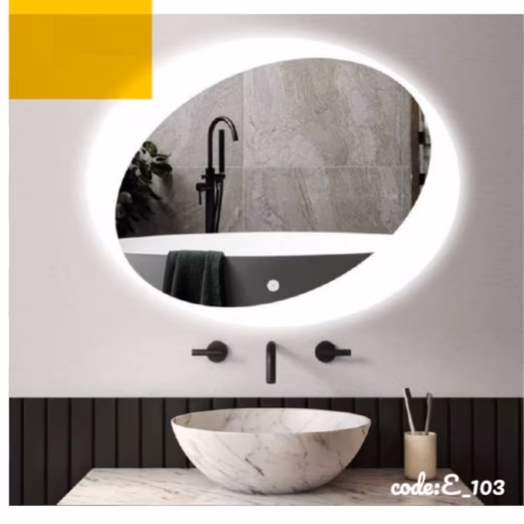 آیینه ی دکوراتیو هوشمند بیضی بک لایت پاور لمسی با سندبلاست و یکسال گارانتی(پنجاه در نود)