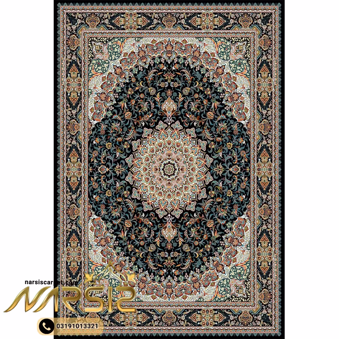 فرشینه فرش طرح گوهر رنگ مشکی کد 9041