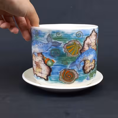 گلدان دکوری مدل رومیزی طرح بوهو کد 2 به همراه زیرگلدانی