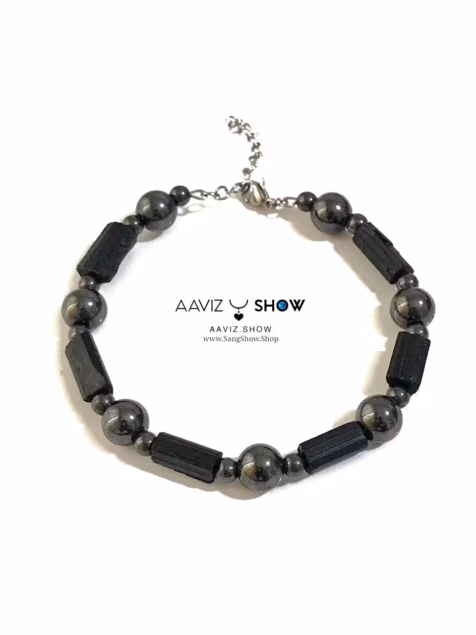 دستبند تورمالین بهمراه مهره های حدید نمونه راف و معدنی D085