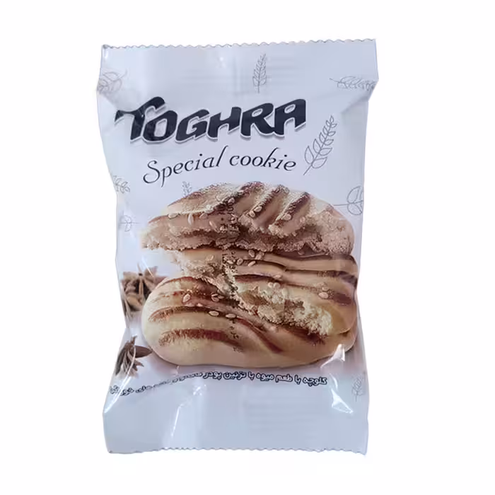 کلوچه میوه ای طغرا با تزیین پودر کاکائو و دانه های خوراکی 65 گرمی