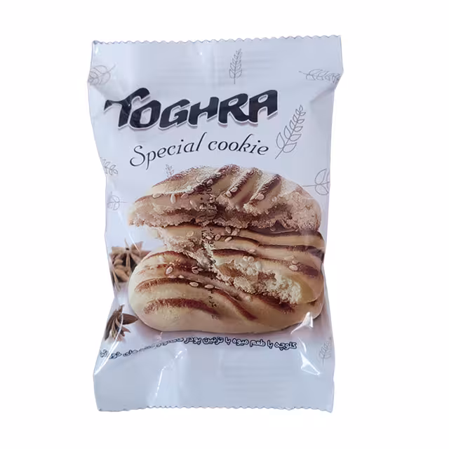 کلوچه میوه ای طغرا با تزیین پودر کاکائو و دانه های خوراکی 65 گرمی