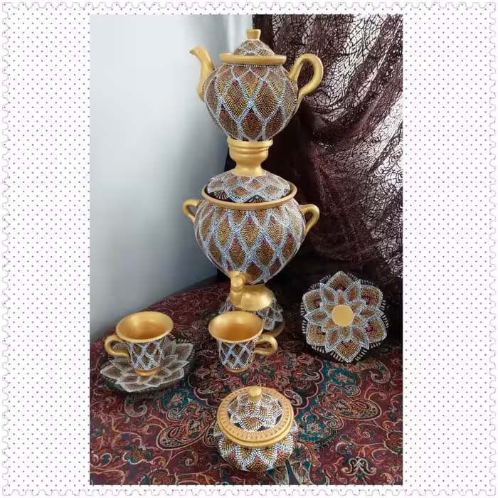 سرویس سماور سفالی نقطه کوبی کد 101210