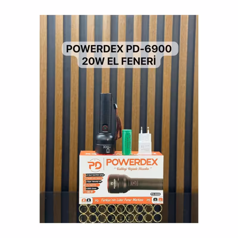 چراغ قوه Powerdex PD-6900 | توان 20 وات | شدت روشنایی 2000 لومن | شارژی و قابل استفاده مجدد | قابلیت زوم | طراحی مقاوم و سبک | مناسب شکار، سفر و کمپینگ