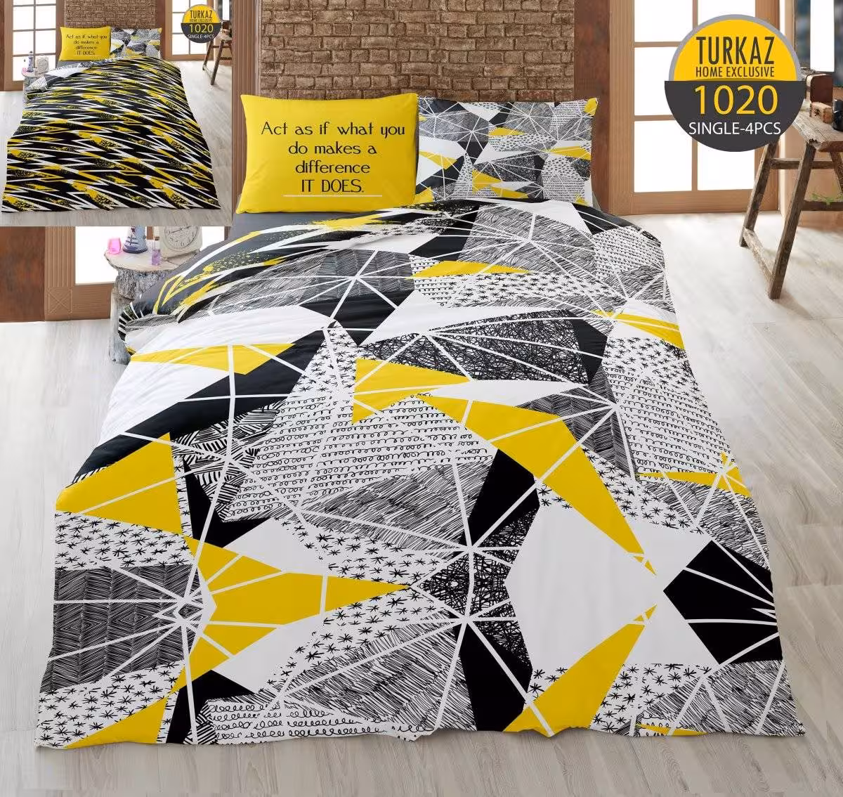 سرویس لحاف روتختی مدل هندسی برند Turkaz یک نفره 4 تکه طرح 1020