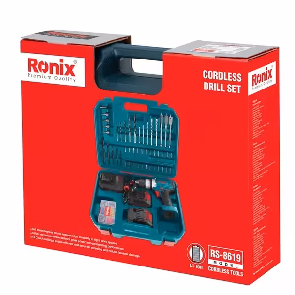 دریل چکشی سه نظام 13 میلیمتری مقاوم 20 ولت رونیکس کد RS-8619 مجموعه 53 عددی