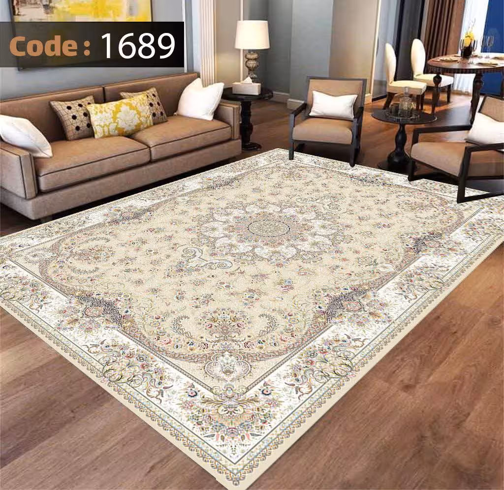 کاورفرش روفرشی دورکشدار گوشه لیفه ای کرم  قهوه ای کد 1689