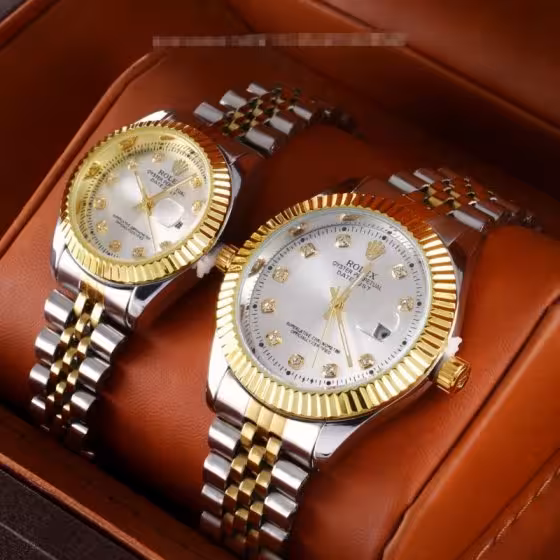 ست ساعت مچی بند استیل طلایی صفحه سفید رولکس باطری اضافی کد1952