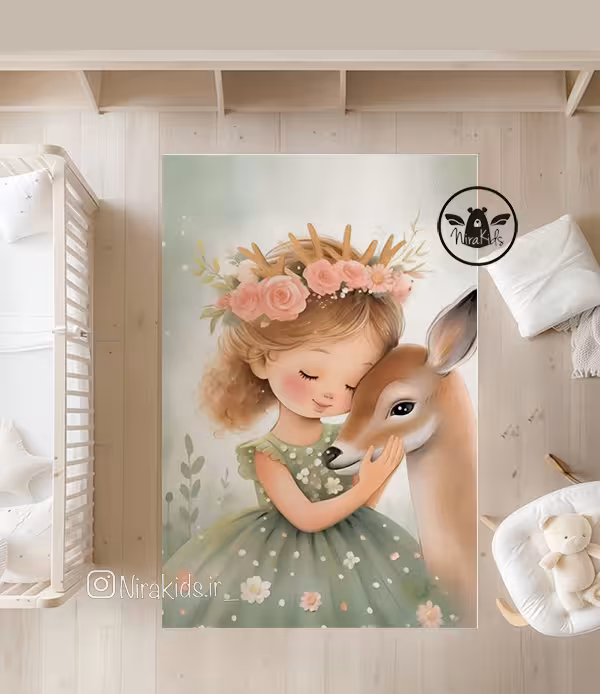 فرش کودک طرح دخترک و آهو 2