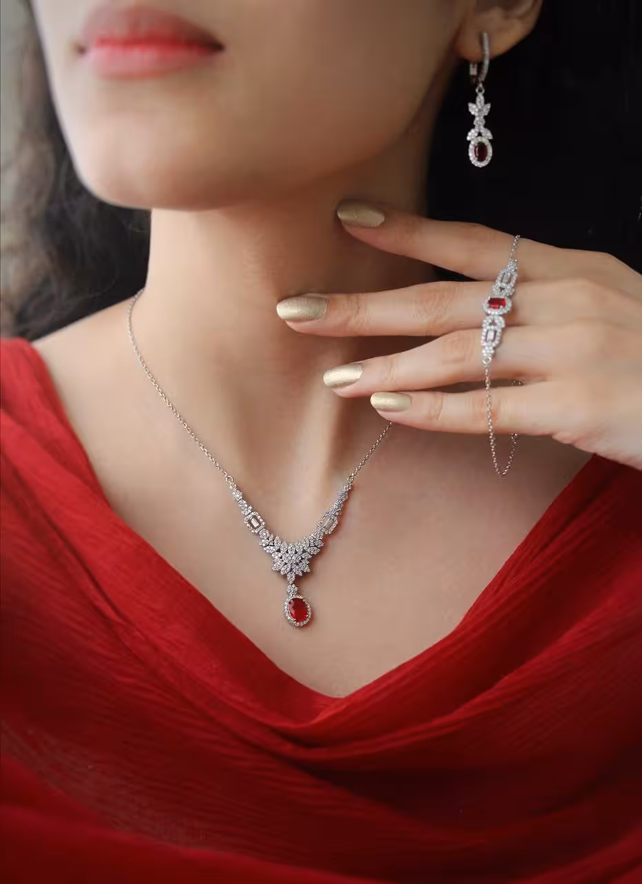 سرویس نقره یاقوت سرخ جواهری زنانه کد 60653