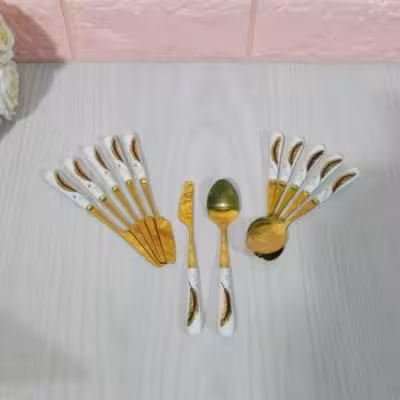 کاردکره خوری و قاشق مرباخوری دسته سرامیک طلایی پر