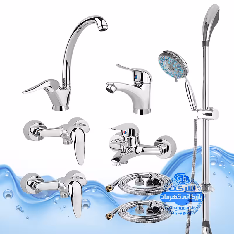 ست 8 عددی شیرآلات برند آیدا صنعت مدل قهرمان اردکی | شیر ظرفشویی   روشویی   حمام   دو عدد توالت   علم دوش یونیکا   دو شلنگ توالت | کروم براق