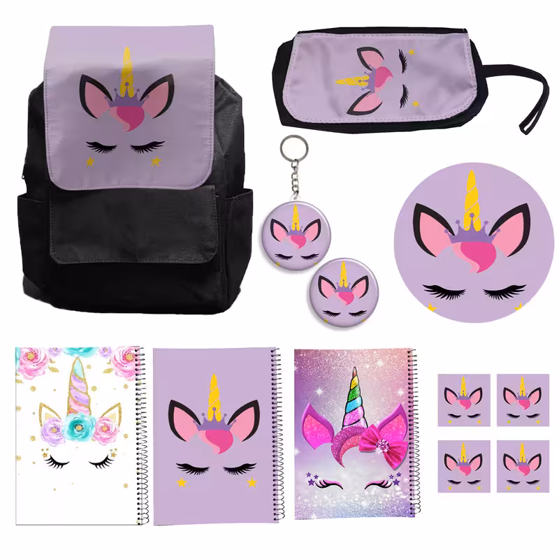 کوله پشتی مدل یونیکورن تک شاخ کد A4 Unicorn  به همراه دفتر مشق و جامدادی و زیر لیوانی و جاکلیدی مجموعه 12 عددی | کالا مکس